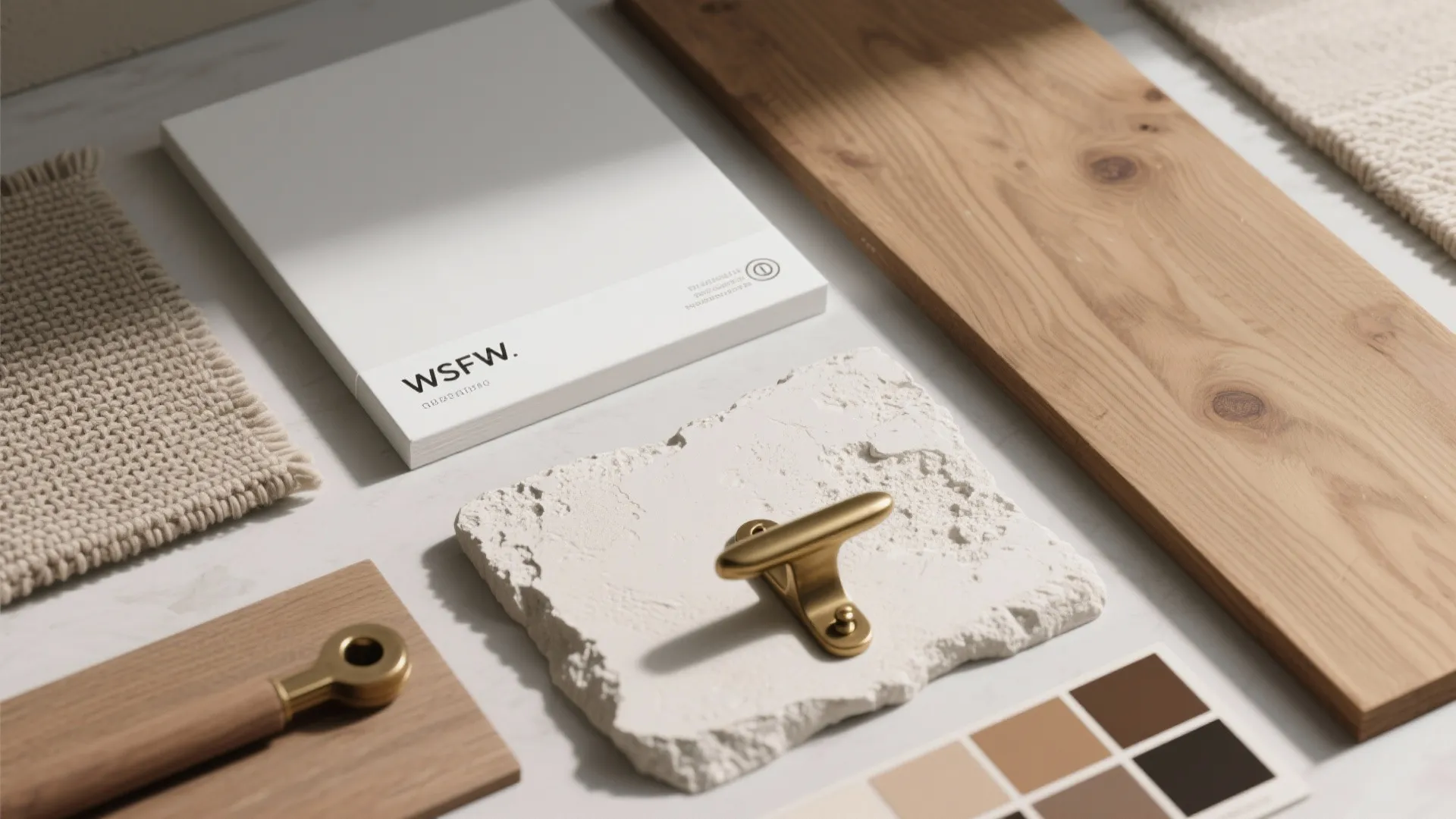 Interior design material board featuring wood planks, stone tile, gold handle, and various fabric samples