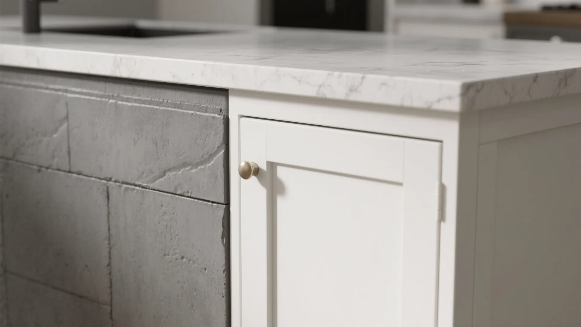 Close-up of white shaker cabinet and concrete-look gray island showing textures and seams.