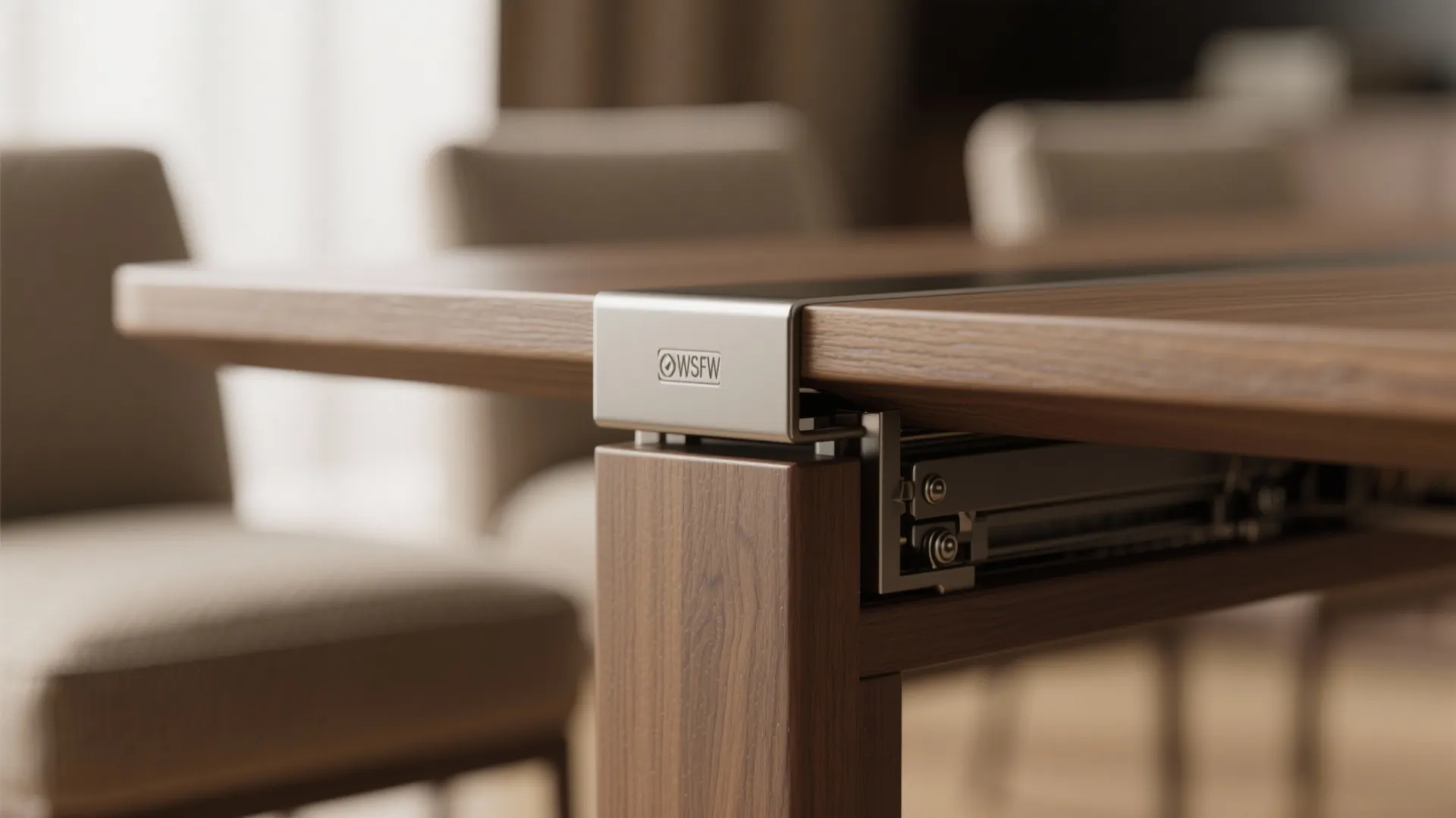 Macro close-up of table edge, joinery and extendable mechanism showing materials and craftsmanship.