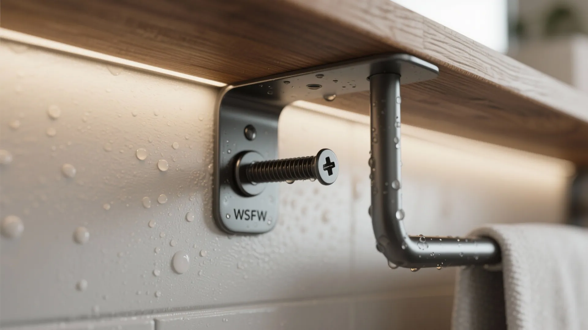 Detail of black metal bracket and screw fixing wooden shelf to bathroom wall with droplets