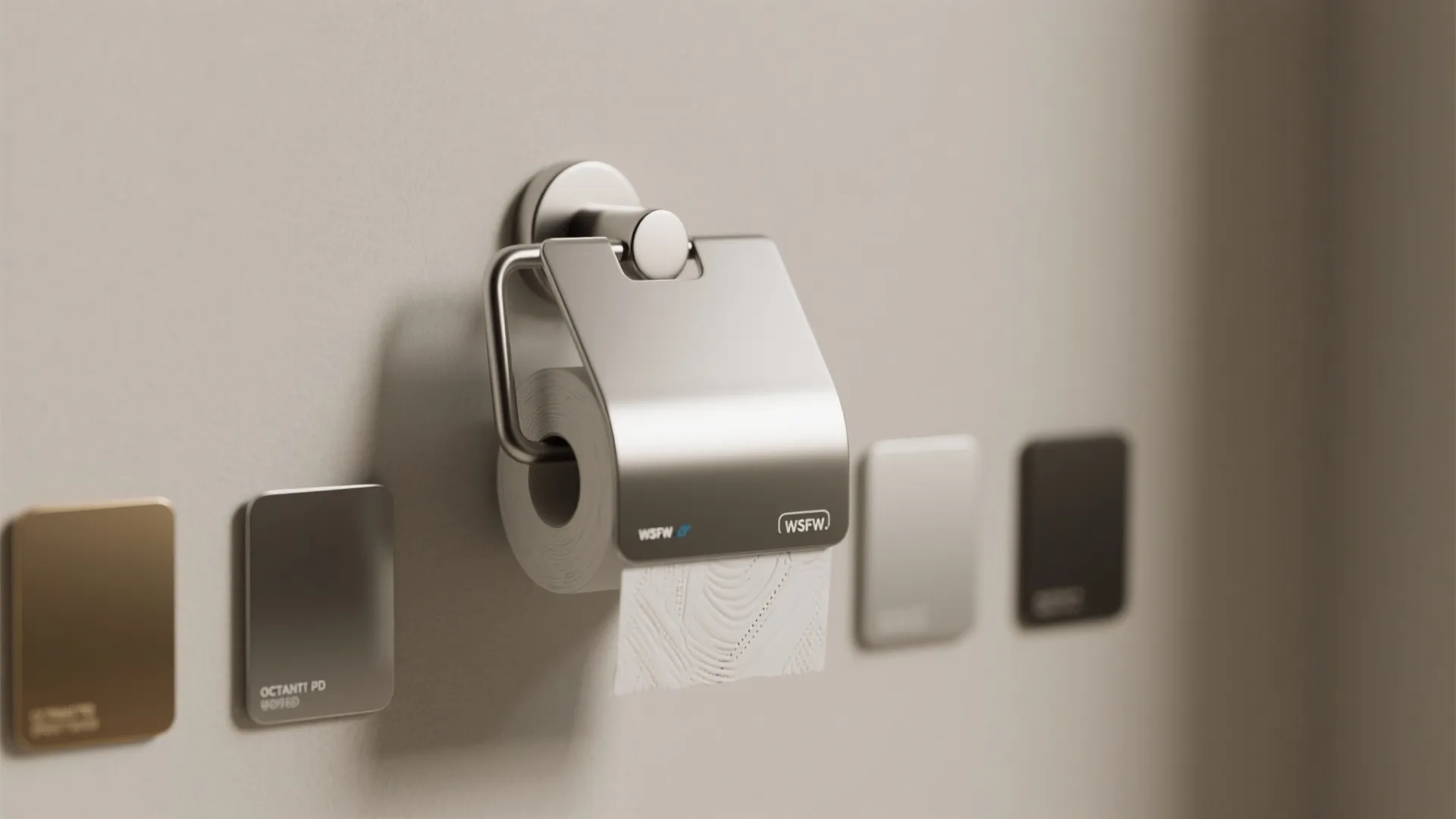 Macro view of toilet paper holder materials including stainless steel, aluminum, and matte finishes for small-space choices.