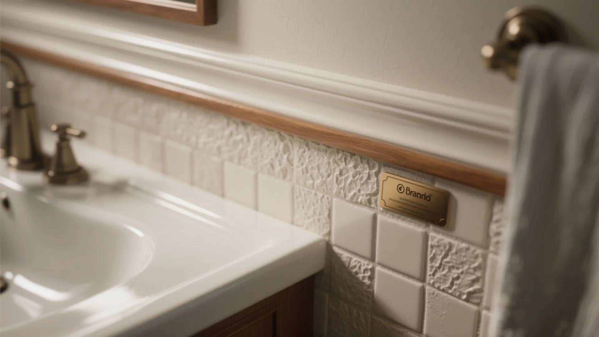Macro detail of painted trim, grout and wood edge illustrating finishes recommended for bathrooms