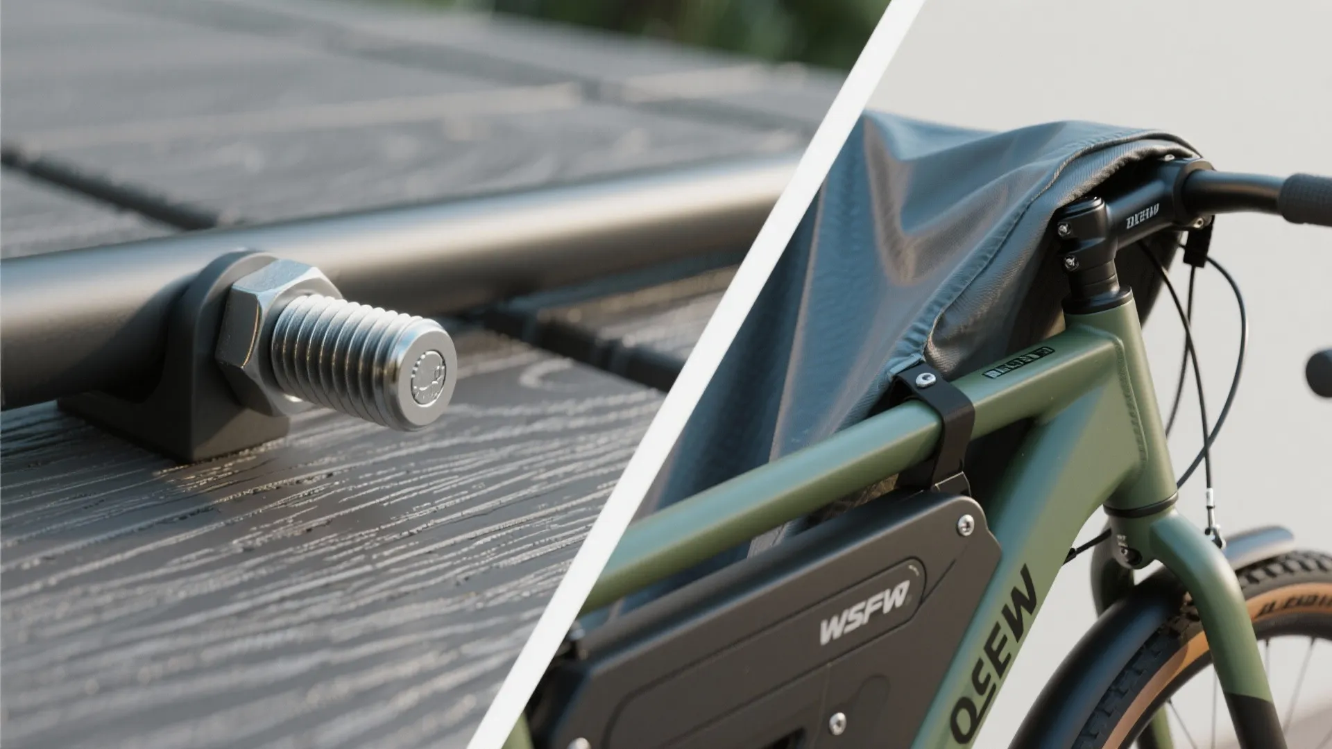 Close up metal screw and green bicycle with black bag shown in a split screen view