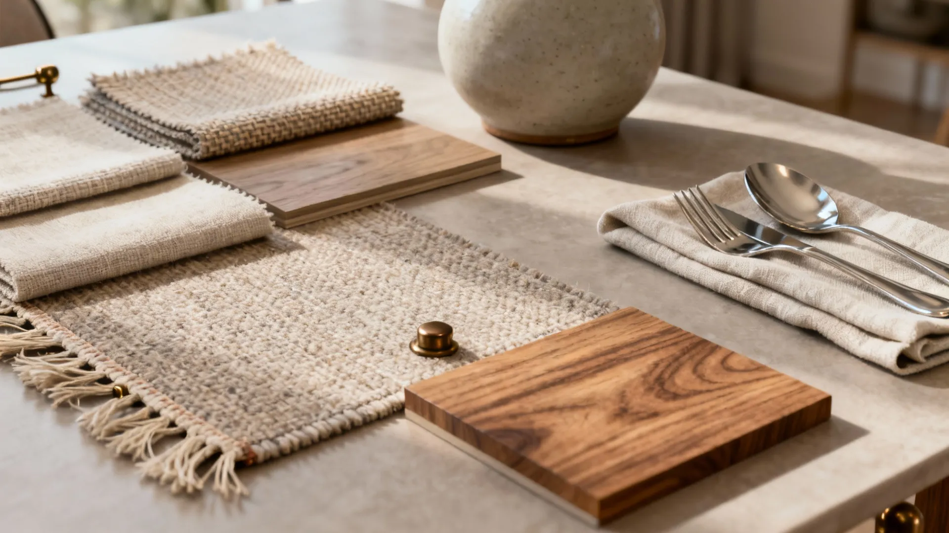 Close-up of coordinated materials and textures for cohesive living-dining design