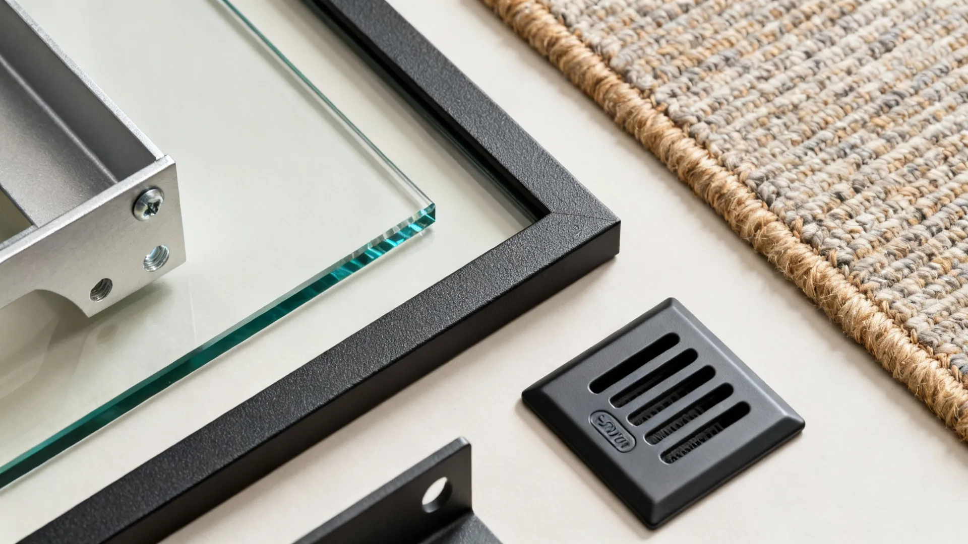 Close-up of tempered glass, frame finish, rug edge and shelf bracket illustrating material choices.