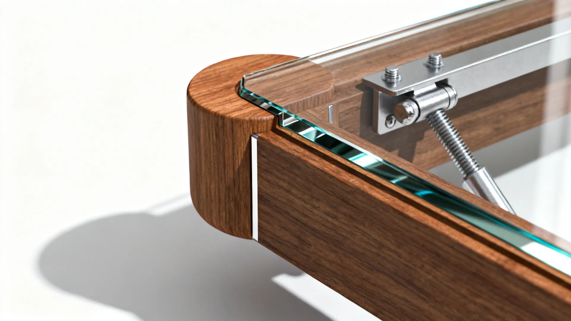 Close-up details of coffee table materials and edges: rounded ottoman edge, scratch-resistant wood, and metal lift mechanism.