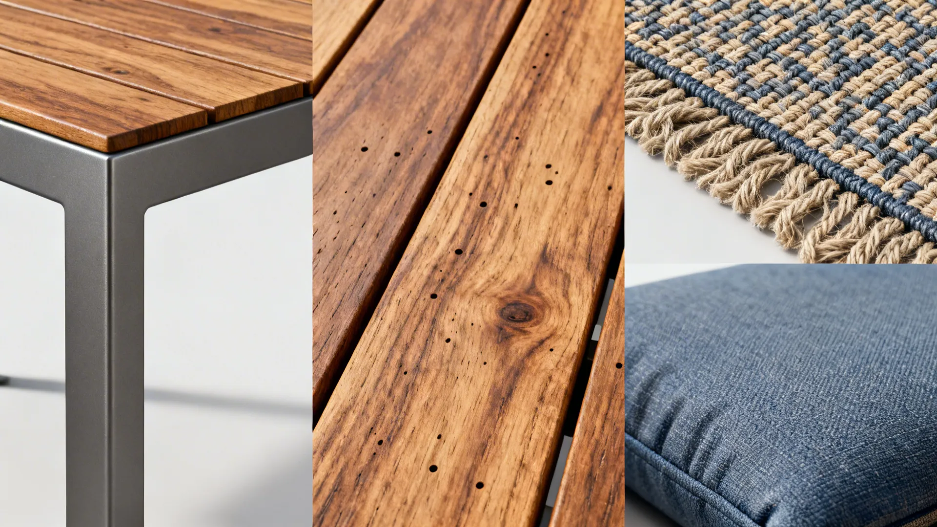 Close-up collage of durable outdoor materials: teak, powder-coated metal, HDPE weave, and quick-dry rug fibers