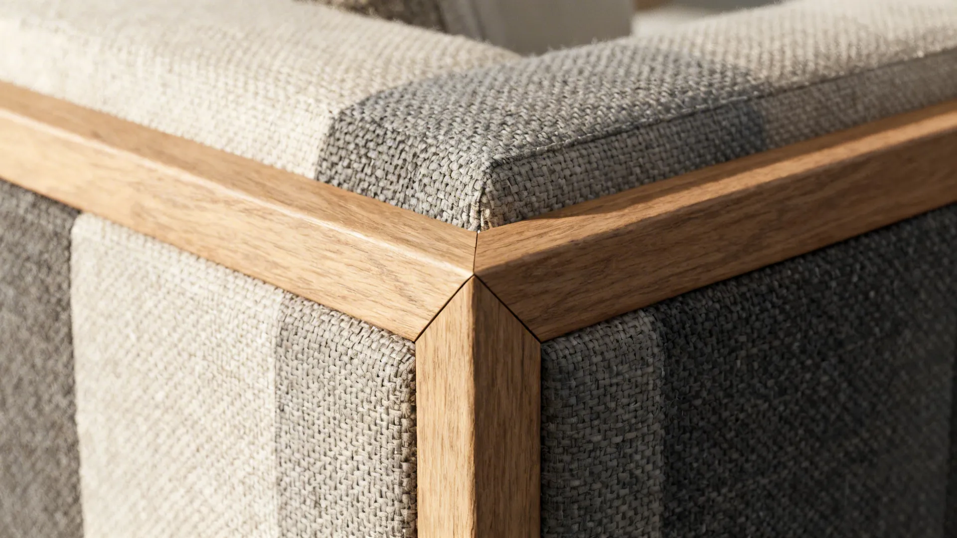 Close-up of tight-weave fabric, wood frame detail and layered textiles for durable budget furniture.