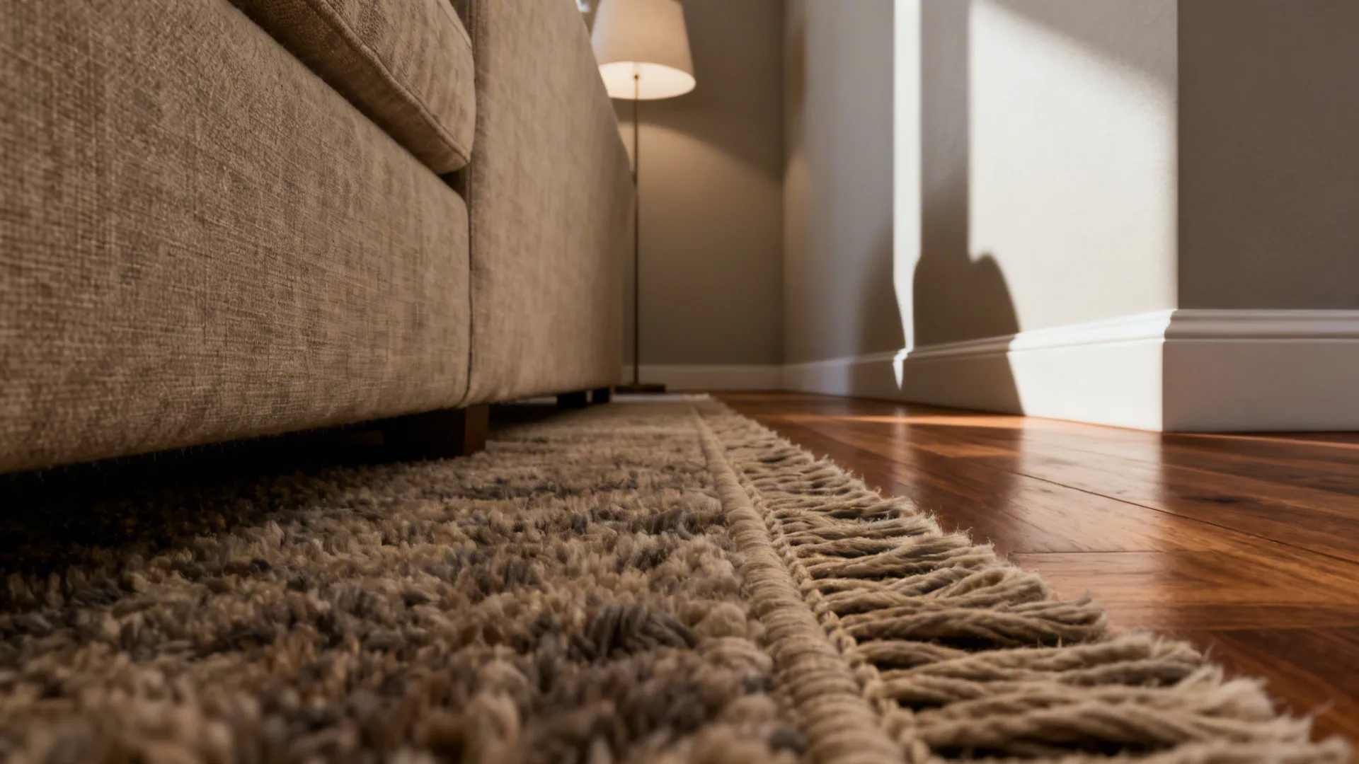 Close up of textured rug fringe on wooden floor next to sofa with warm light