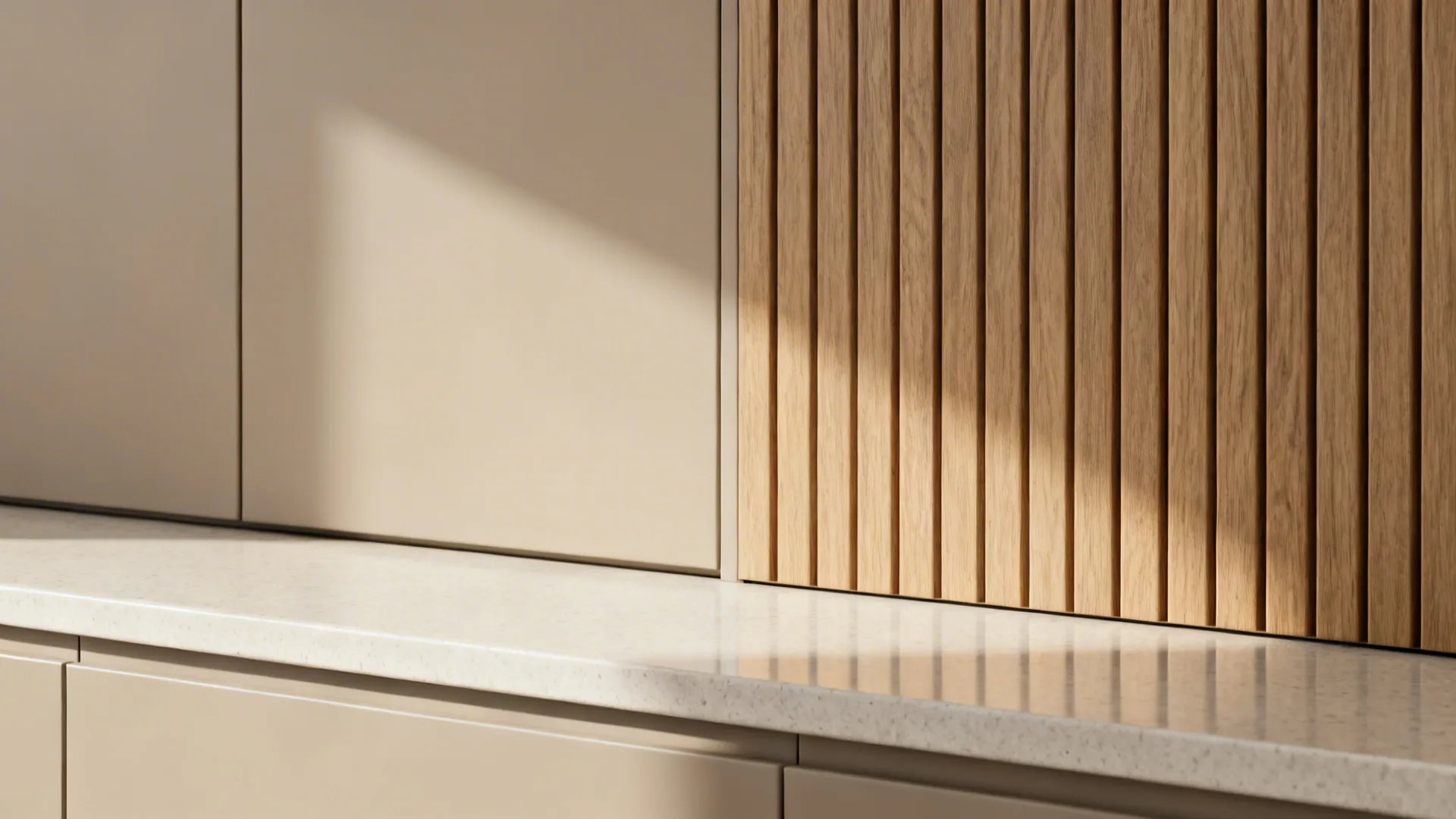 Close-up of vertical wood grain meeting light quartz countertop with matte finish details