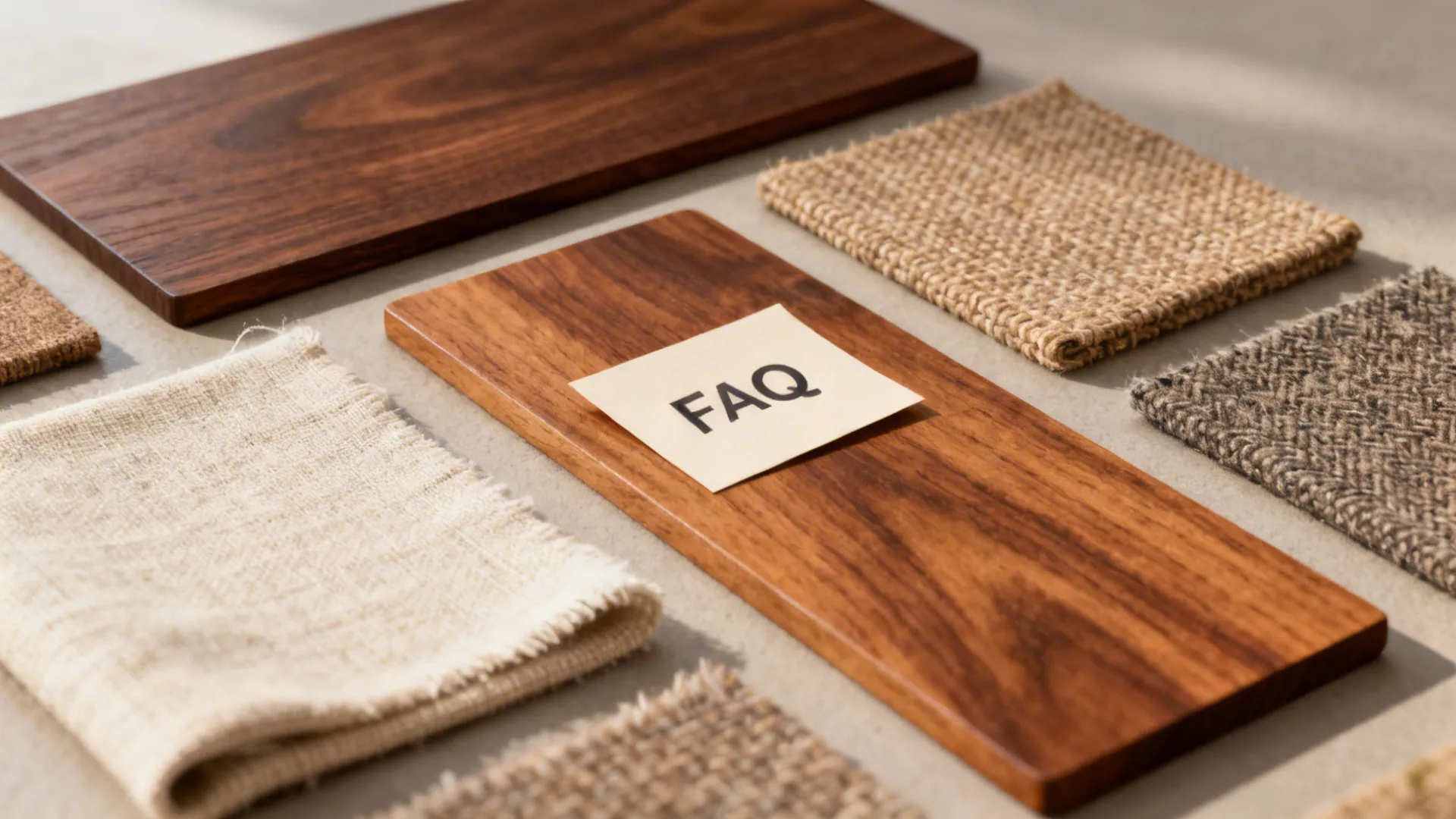 Material samples typical of mid-century modern: walnut, teak, linen and tweed.