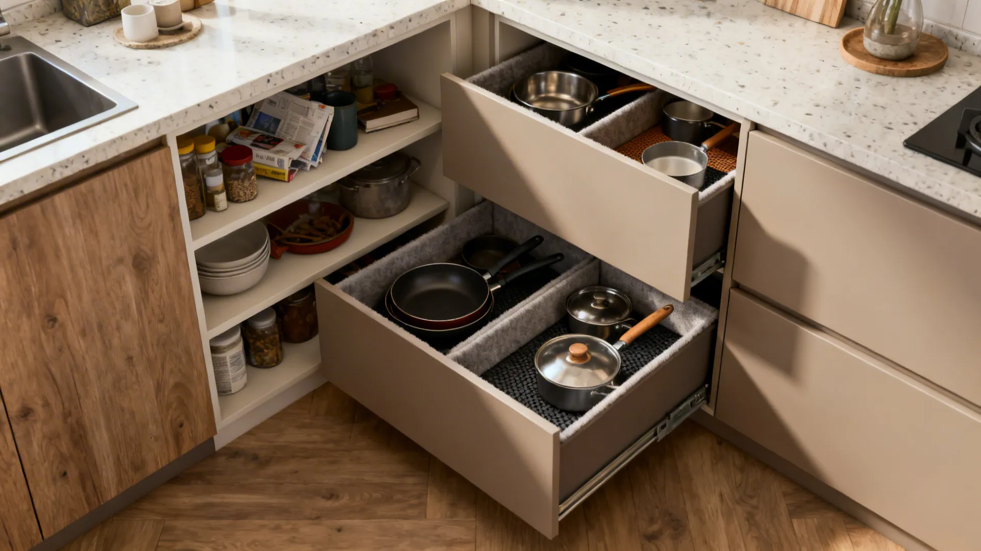 Before-and-after comparison showing shelves replaced by matte tandem drawers with soft liners.