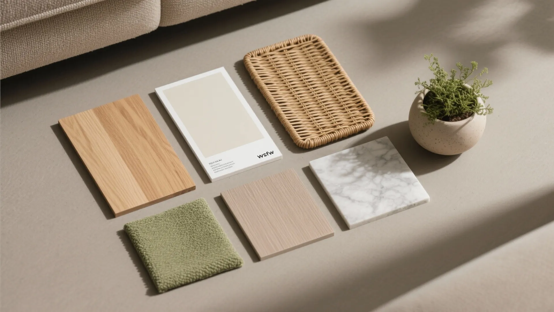 Biophilic living room with textures, plants, and warm wood