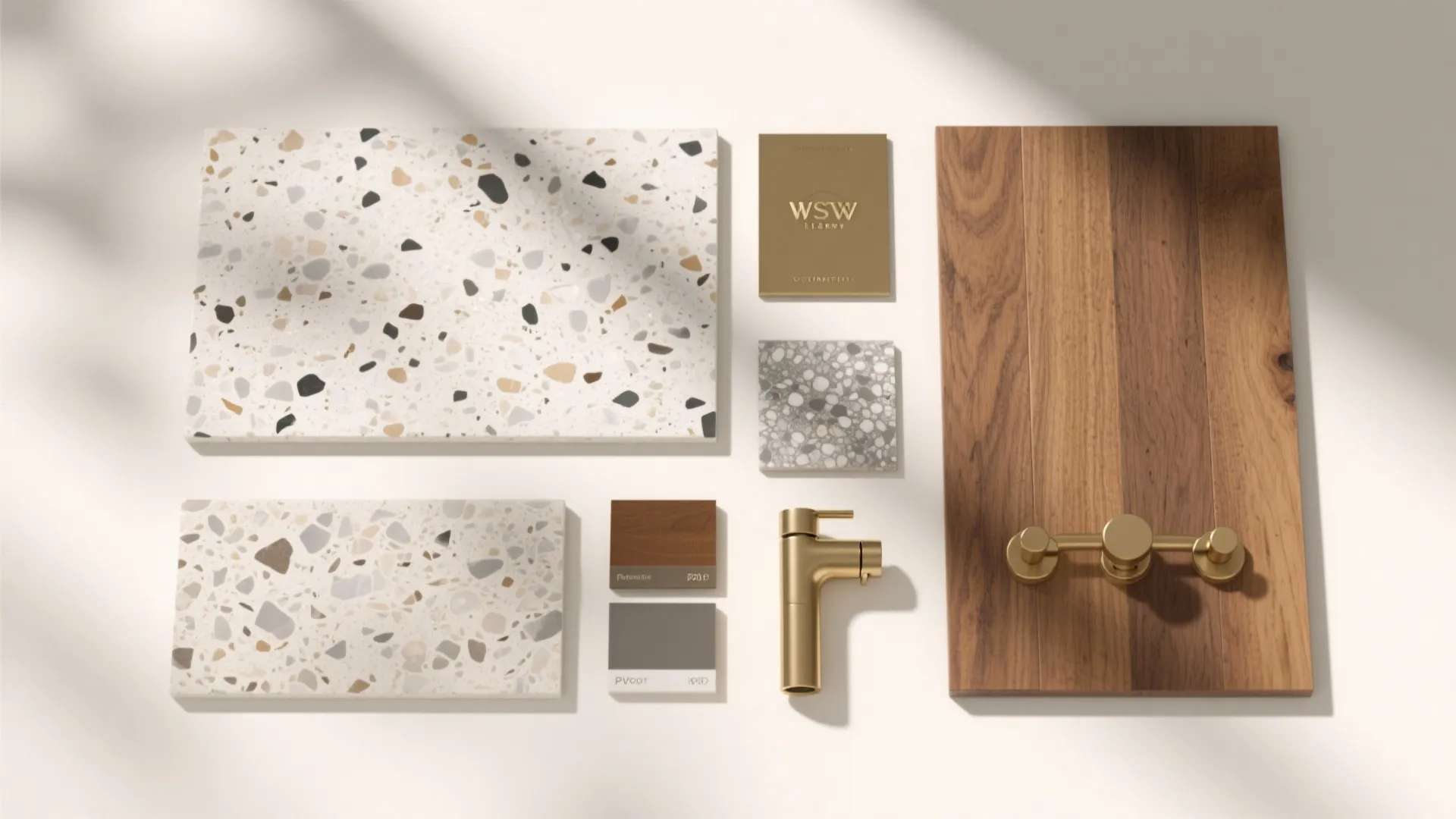 Material board with stone tiles wooden panel gold faucet and small color samples on white background