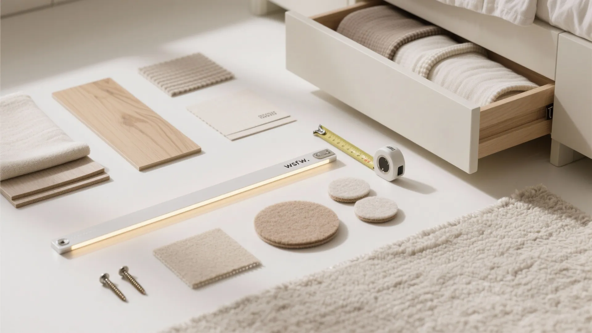 Interior design materials including wood samples fabric swatches tape measure and LED light on floor