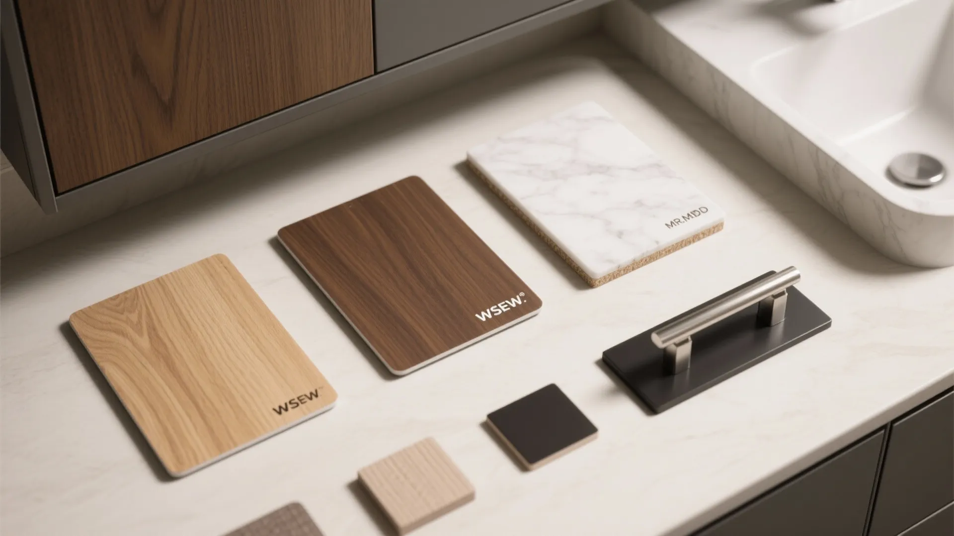 Material and finish: warm wood, matte fronts, and sealed edges