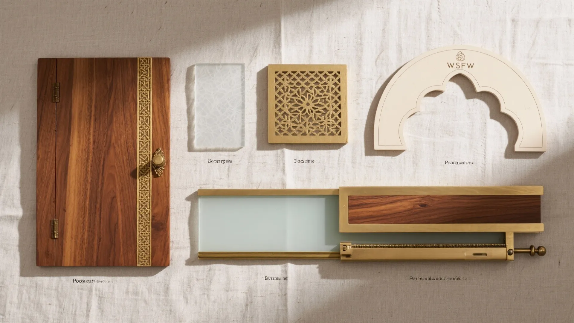 Wood door sample with gold pattern beside glass and gold wall panel on white fabric