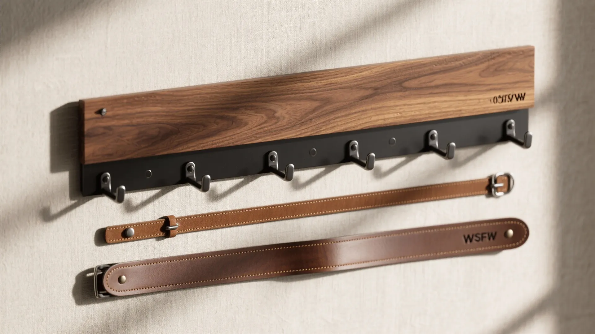 Flat lay of walnut, blackened steel, leather straps, and fasteners arranged on a neutral fabric.