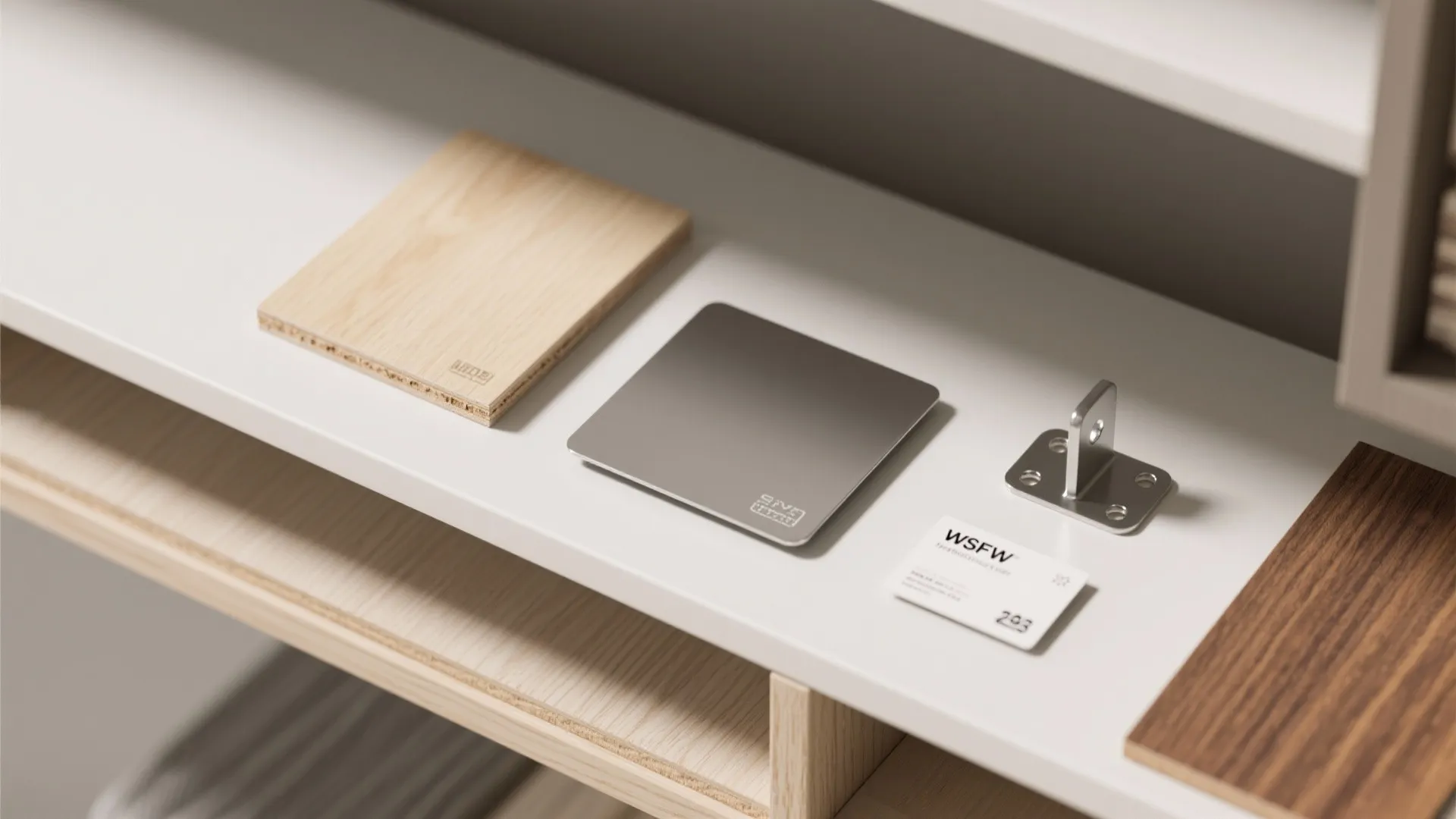 Flatlay of shelf materials: sealed plywood, powder-coated steel, hardwood veneer and bracket samples.