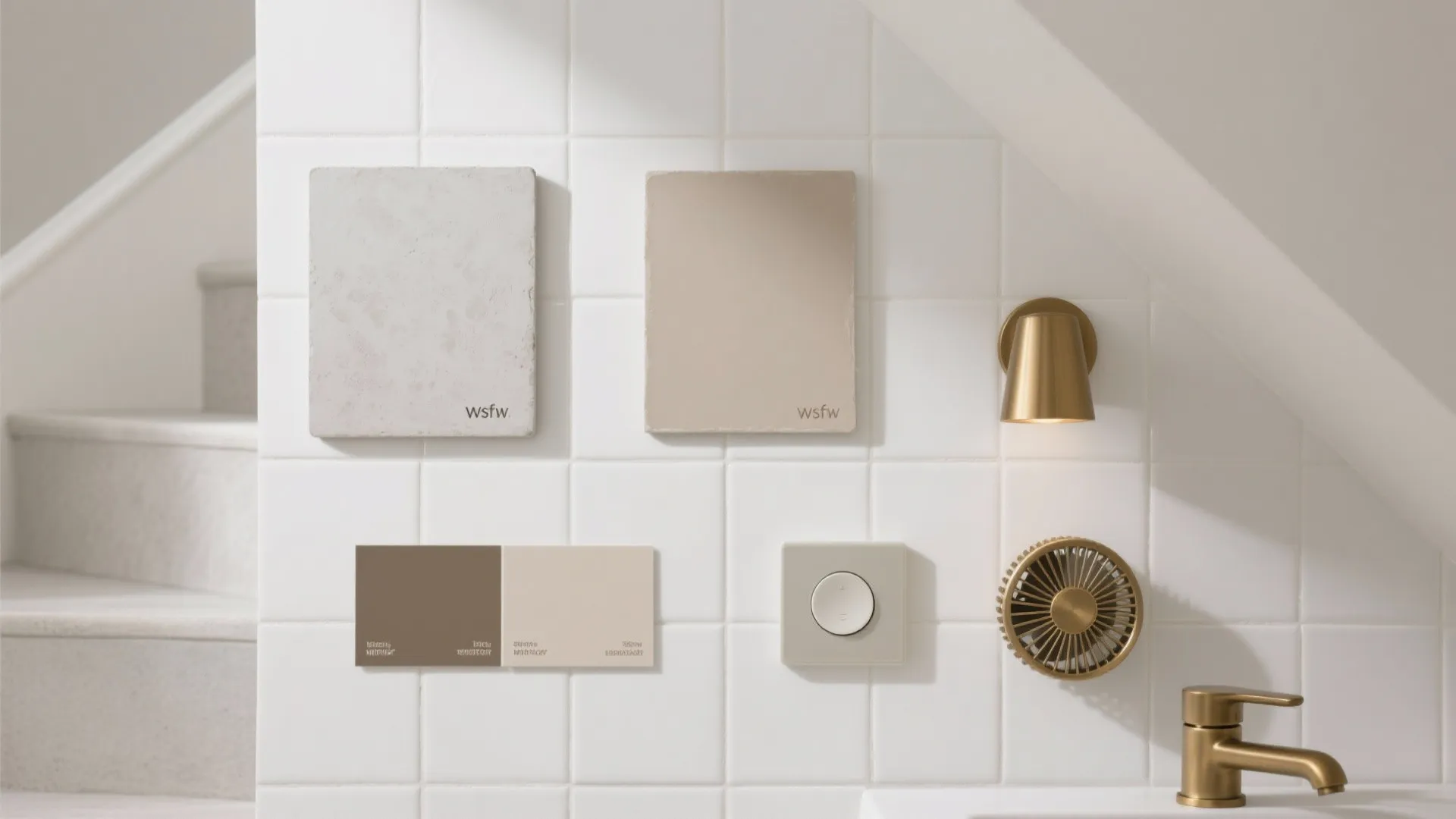 Material samples on white tiled wall showing stone tiles color swatches gold light and metal tap