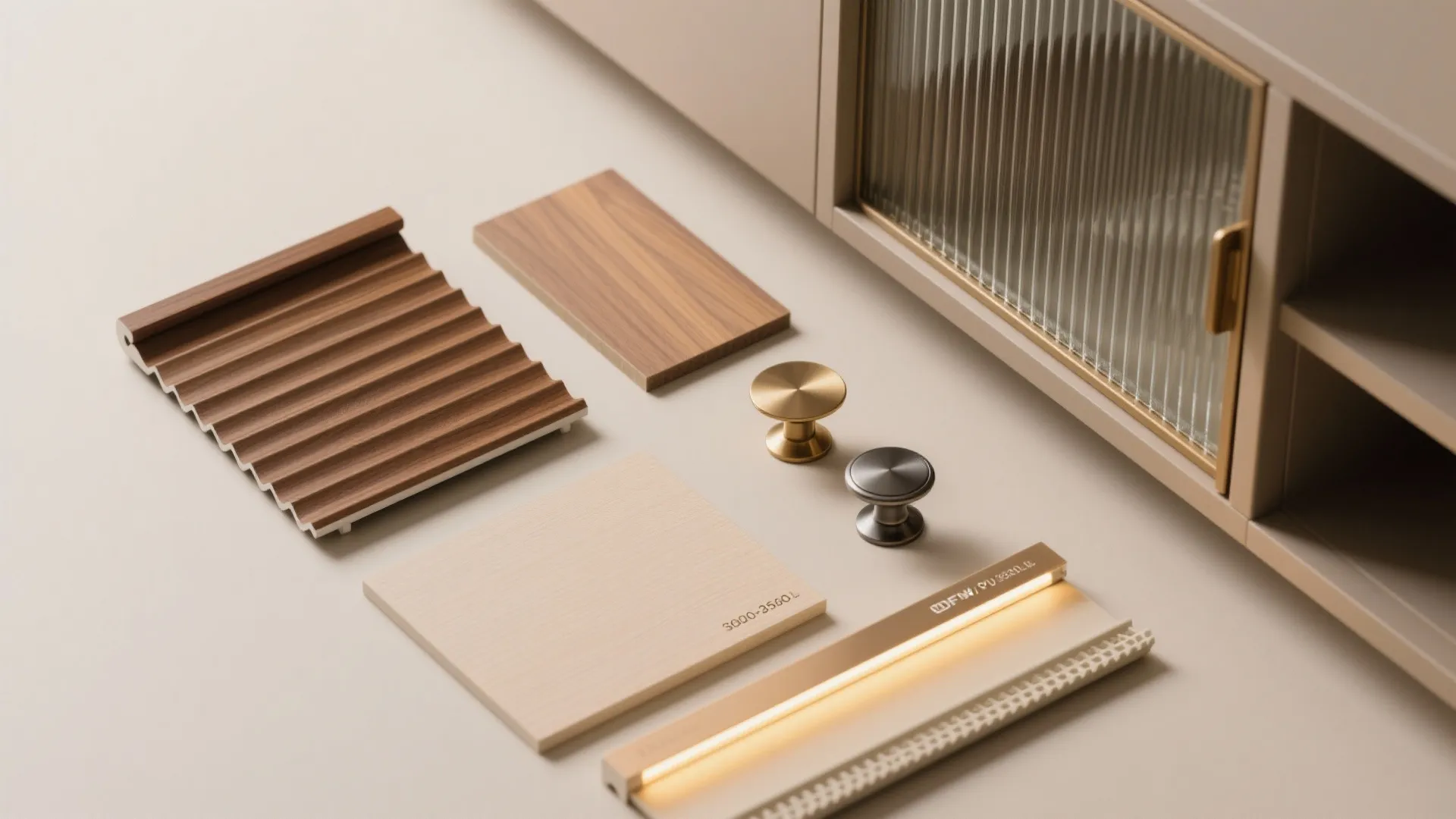 Collection of wood wall panel samples metal knobs and light fixture for modern home cabinet