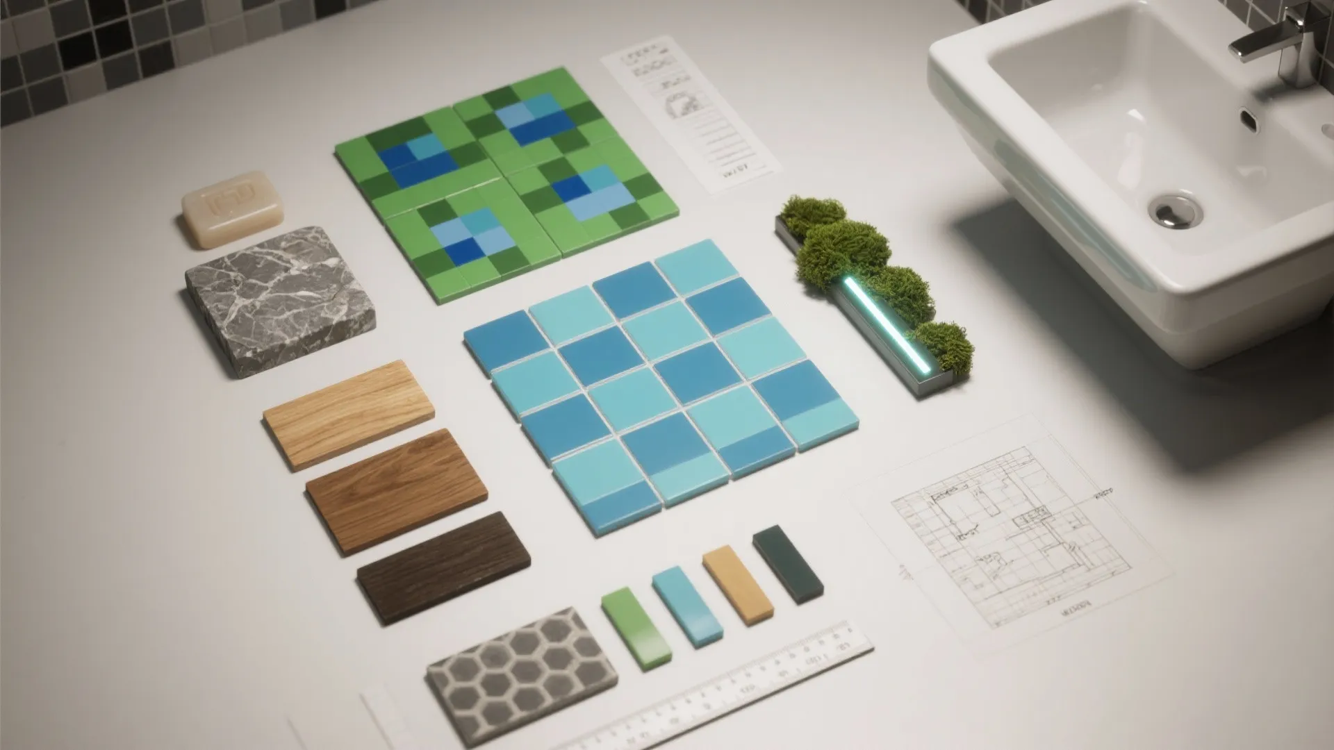 Interior design material board with colorful tiles wood samples marble stone and room layout floor plan