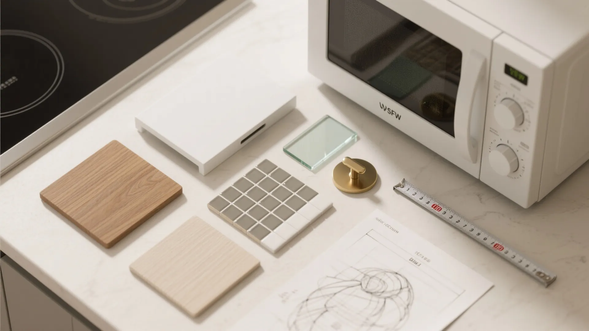 White kitchen counter with microwave wood samples small tiles gold handle and a measuring tape