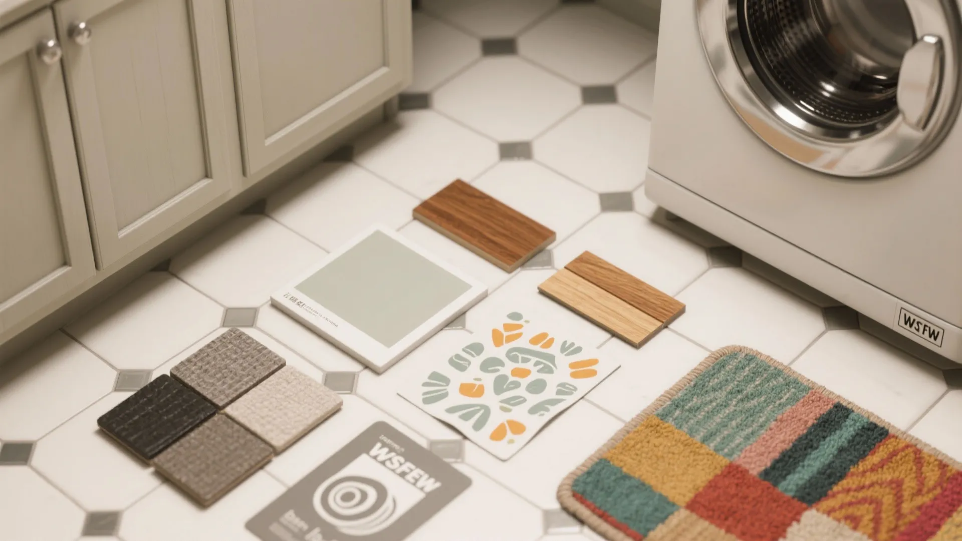 Interior design material board on tiled floor showing wood samples fabric tiles and washing machine