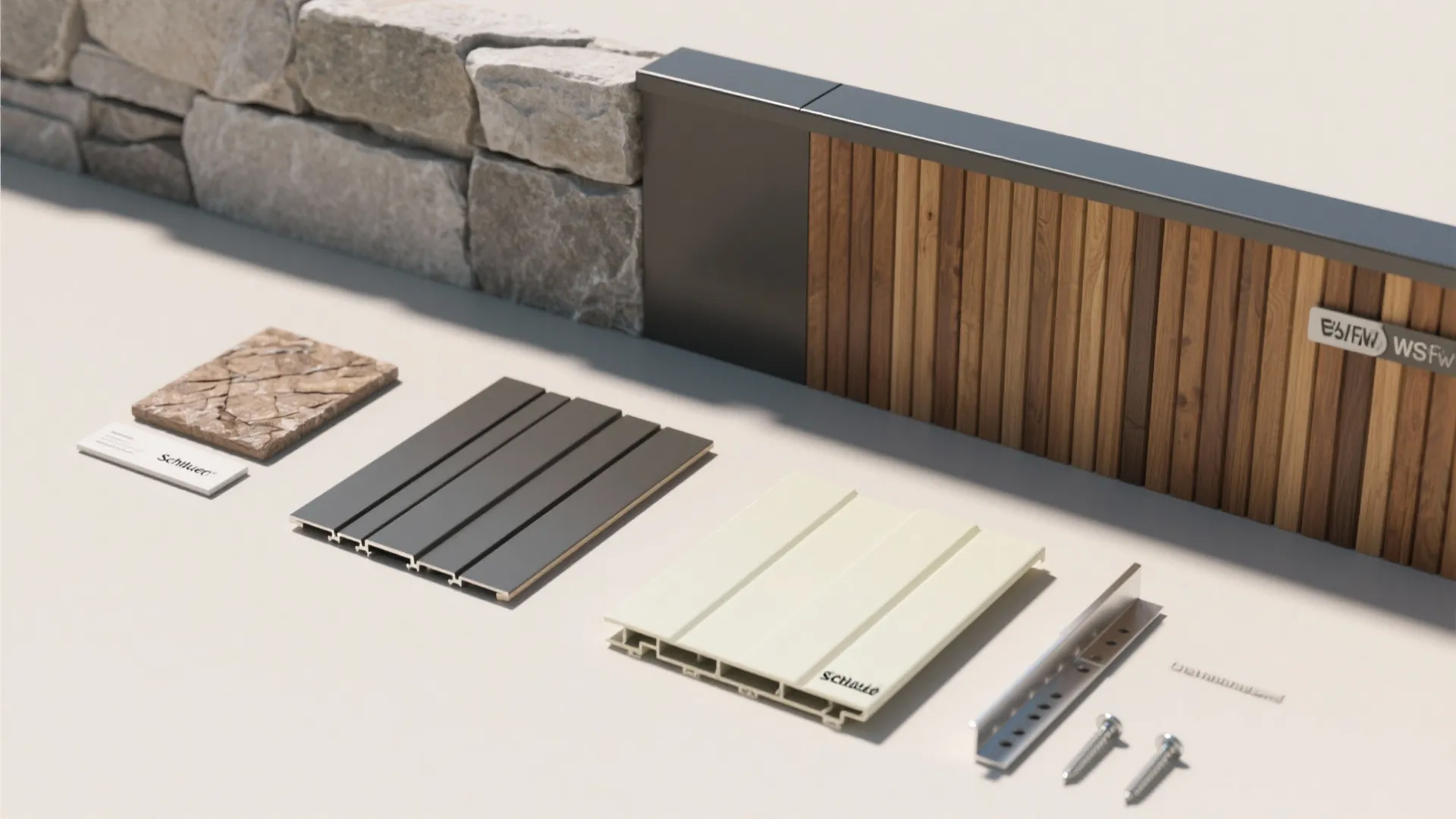Interior design material samples including wood panels stone tiles and metal screws on light background