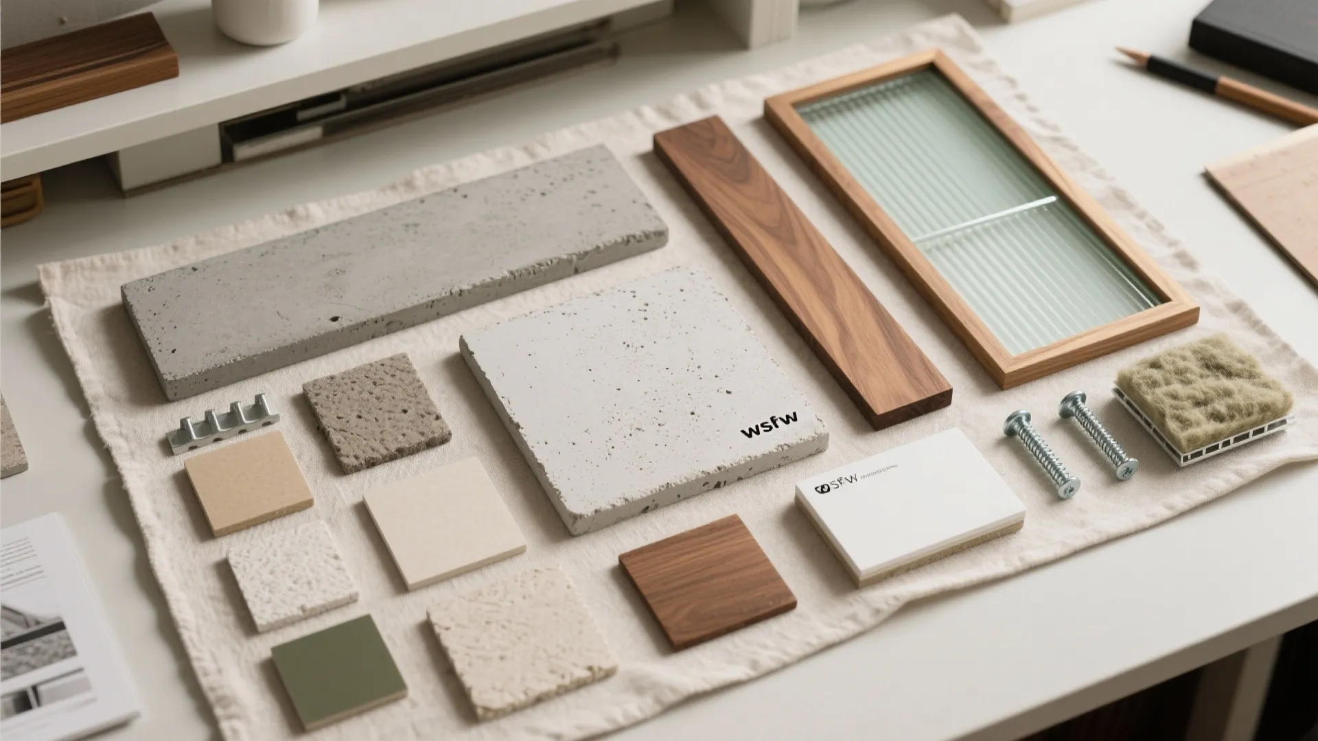 Interior design material board with samples of concrete wood glass fabric and colorful tiles on table