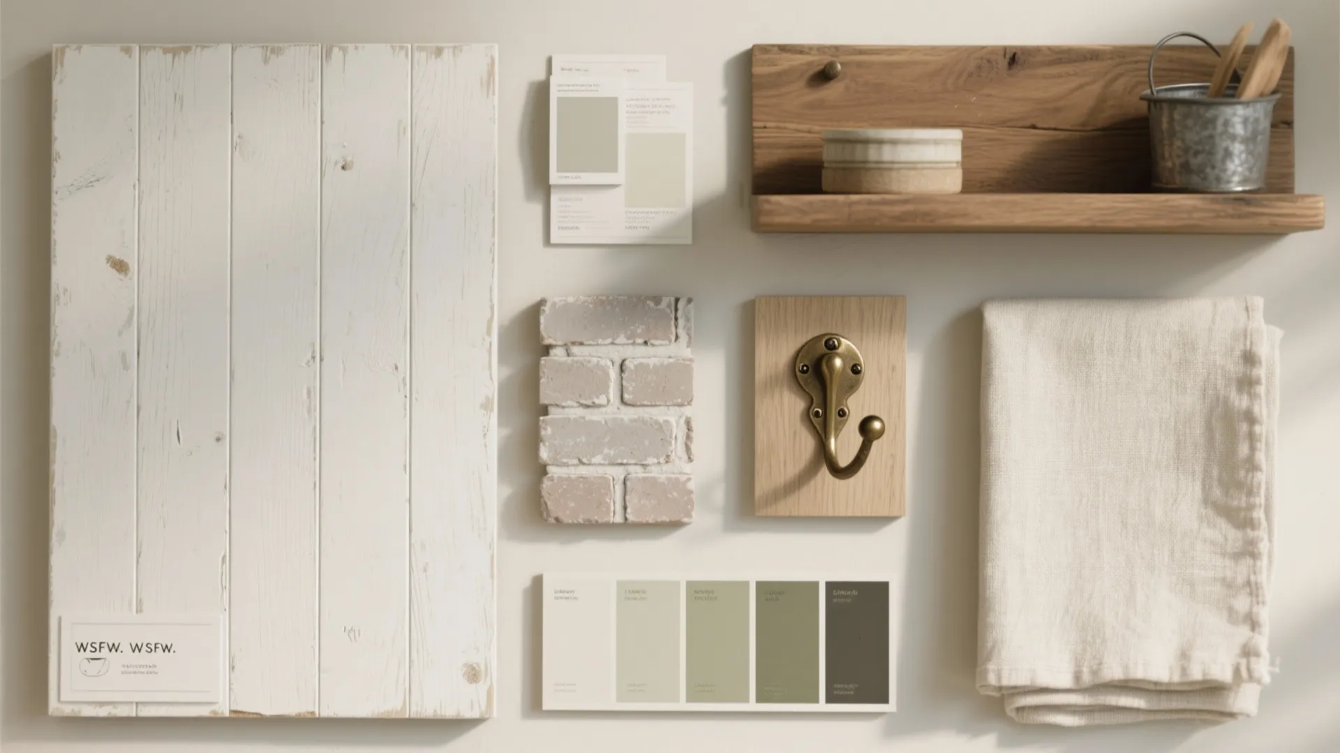 Interior design mood board with white wood panel paint swatches brick sample and metal hook