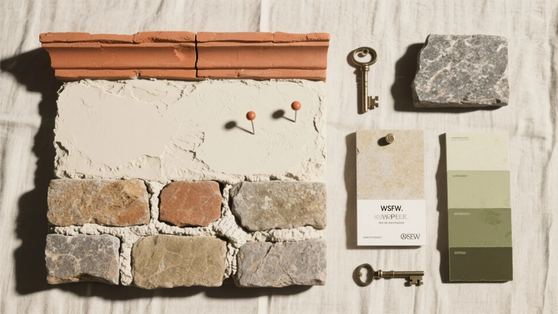 Interior design material board with stone bricks plus paint color cards and two metal keys