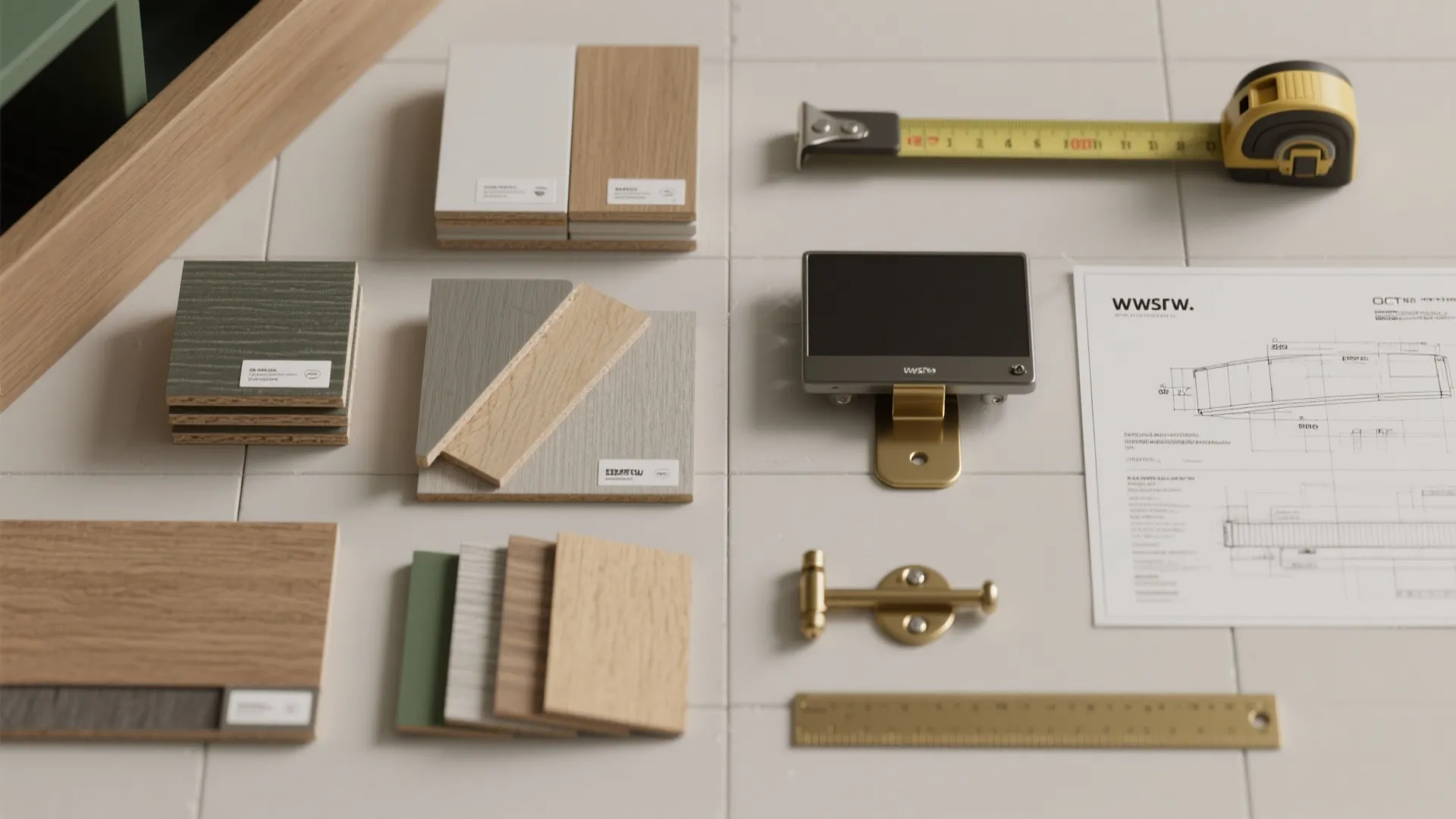 Wood material samples and color swatches with measuring tape and a technical interior design drawing