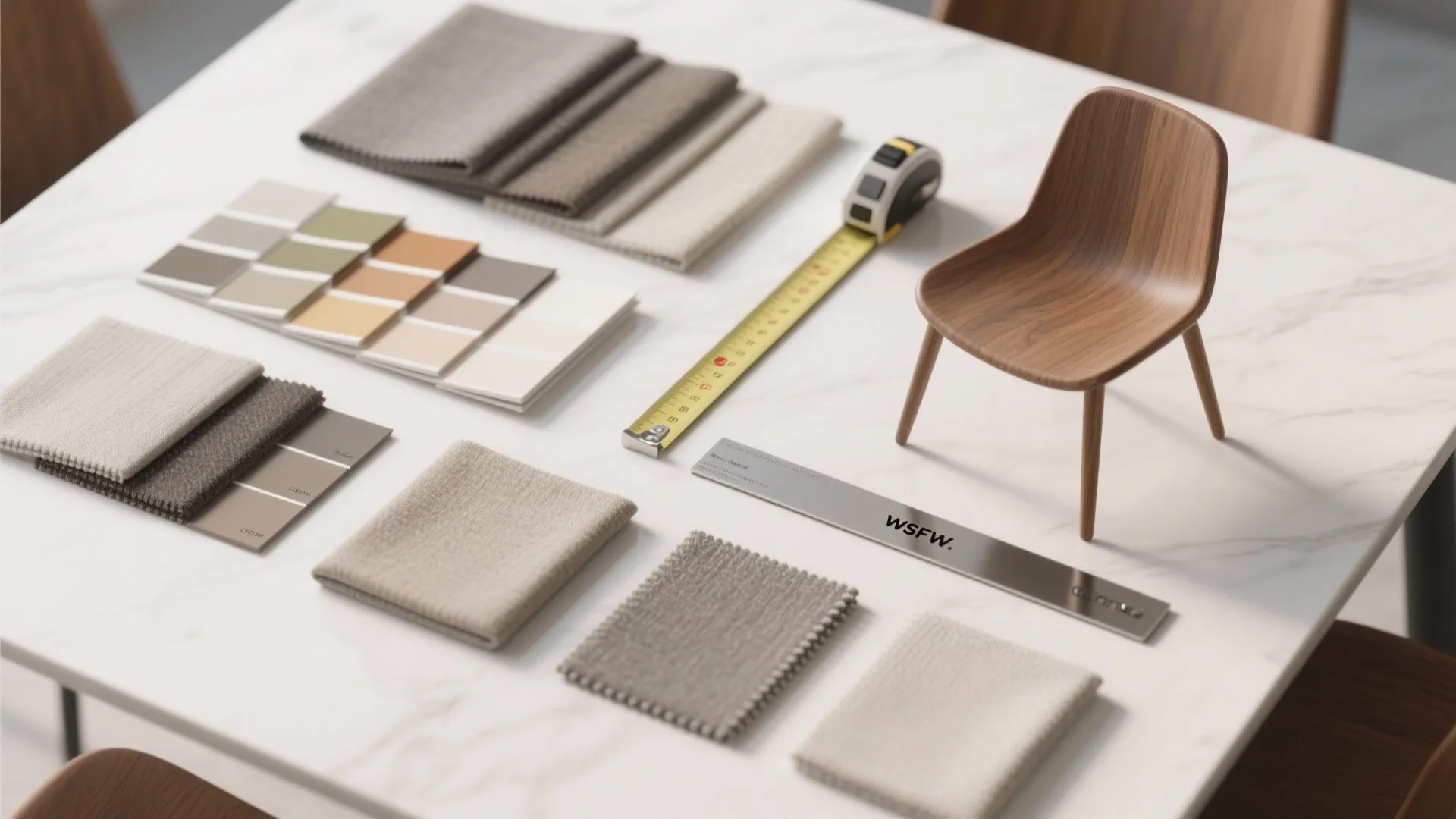 Interior design materials with fabric samples color palettes measuring tape and a small chair model