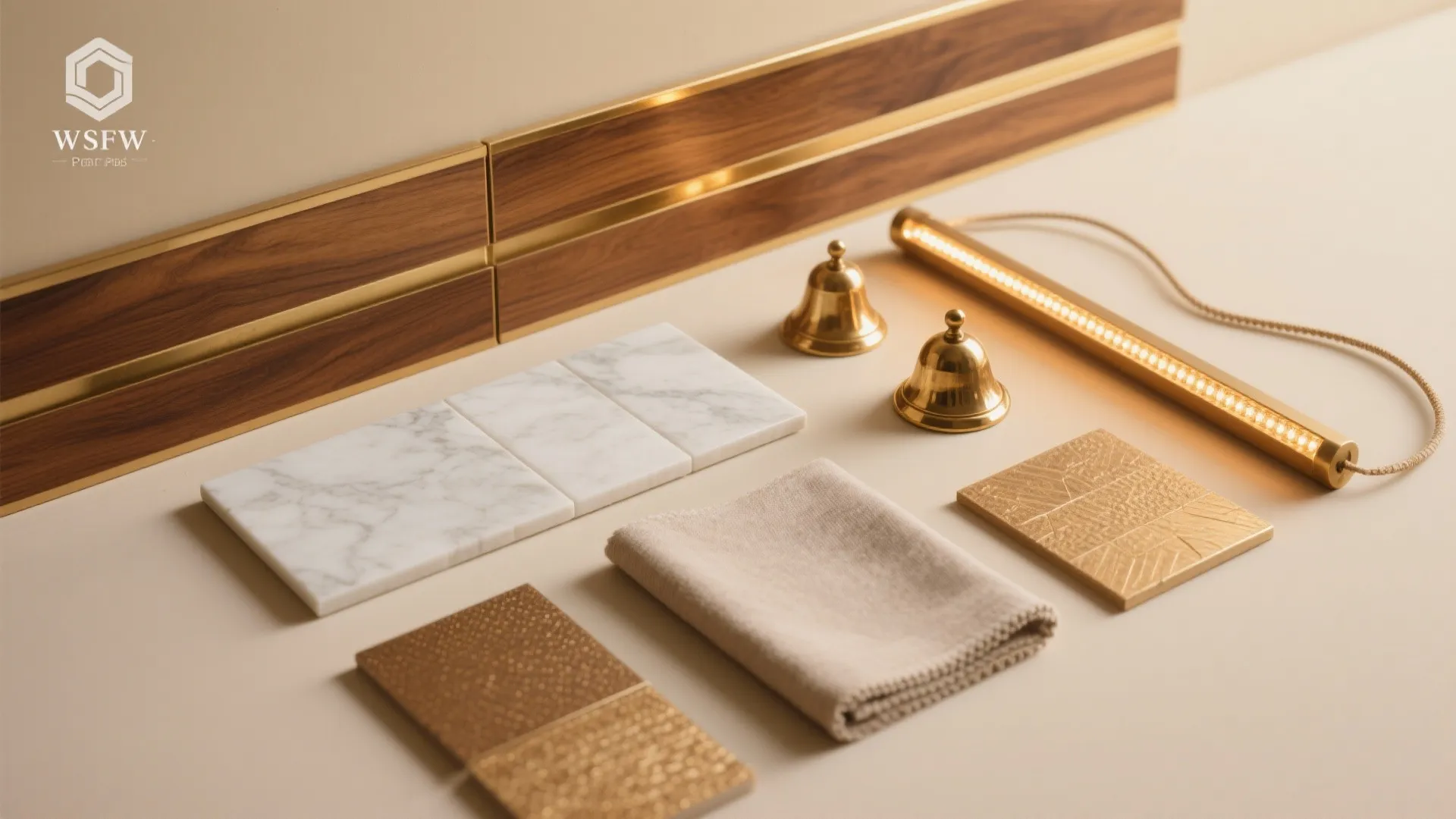 Interior design materials including marble tiles wood panels fabric samples and gold light fixture parts