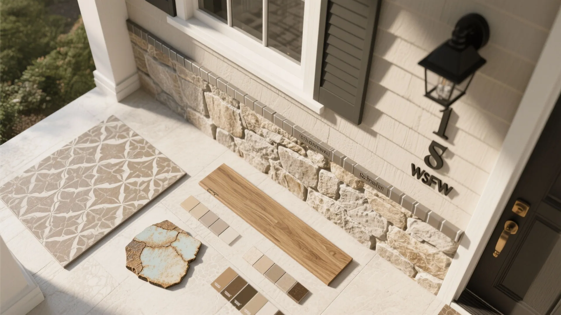 Interior design materials on a porch floor including wood board stone tiles and color paint samples