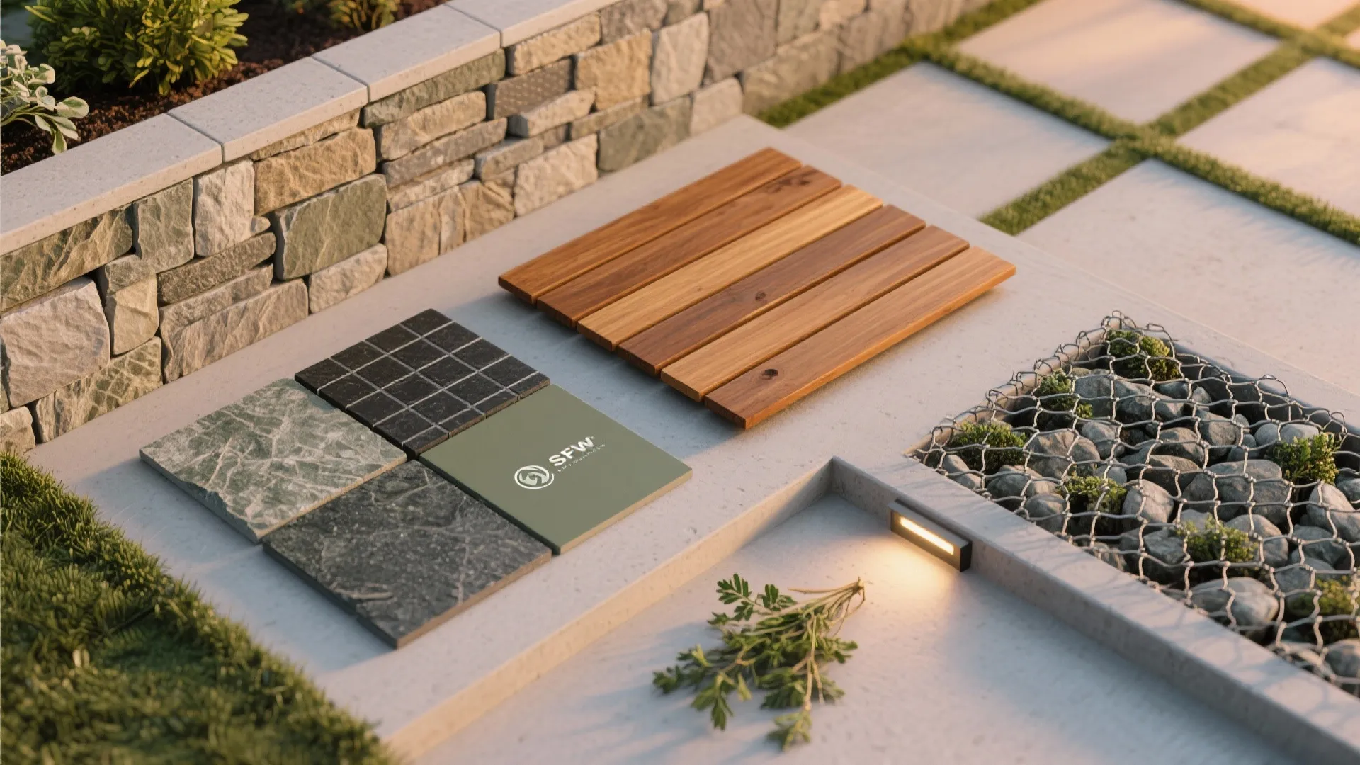 5) Material Mood: Timber Warmth, Gabion Texture, Planting Pockets