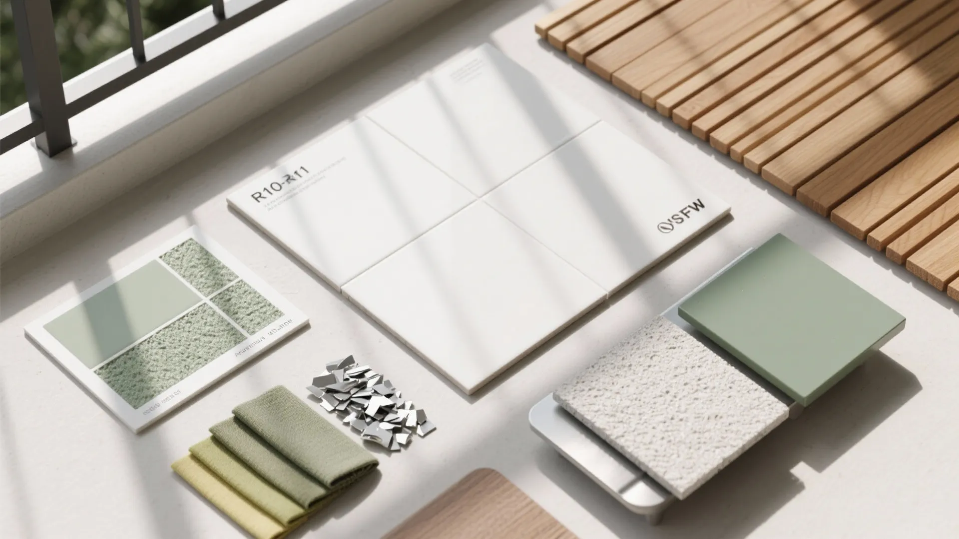 Interior design material samples including white tiles green fabric wood pieces and textured stone slabs