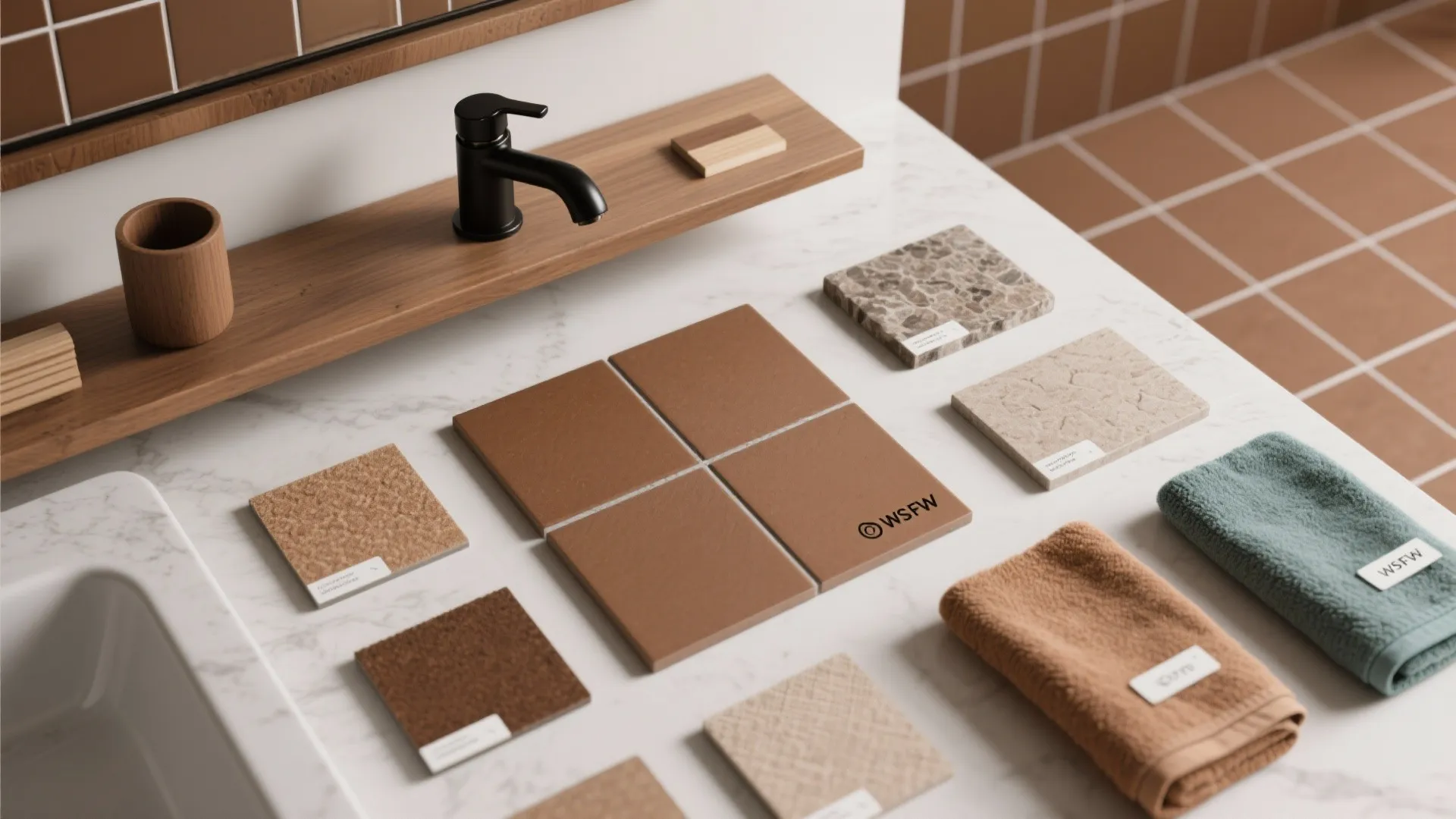 Interior design material samples showing brown tiles stone fabric and colored towels on marble surface