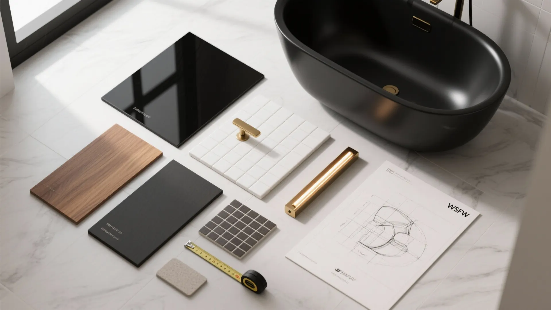Interior design material board with wood samples tiles measuring tape design drawing and small black bathtub