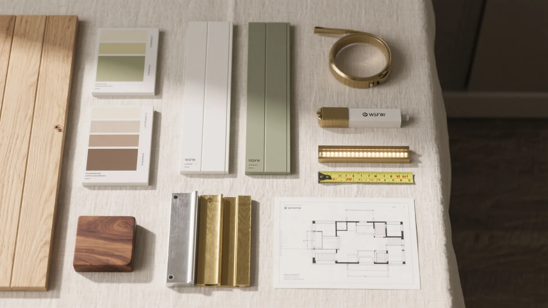 Interior design mood board with floor plan drawing color samples wood pieces and light fixture parts