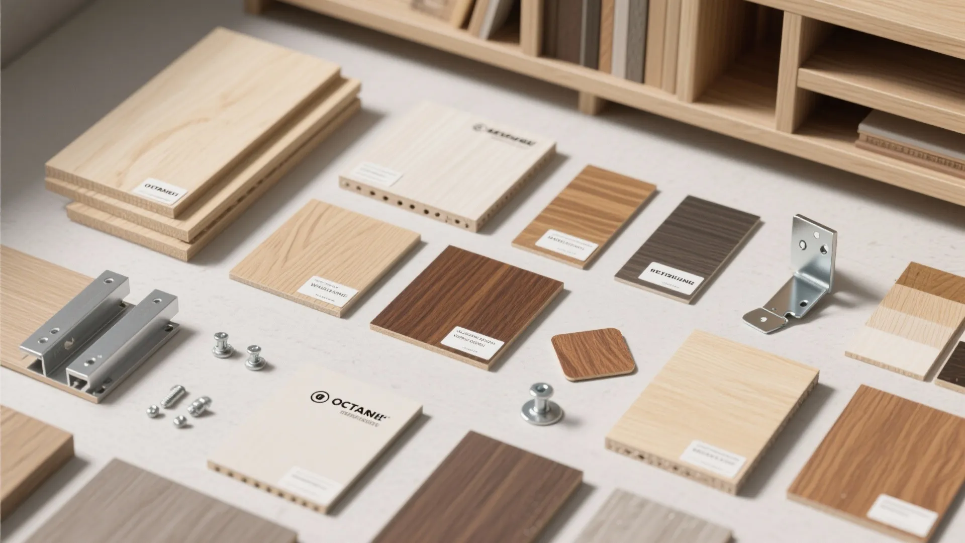 Top-down flatlay of plywood, veneer, melamine swatches, brackets and stain chips for budget-friendly bookcase planning.
