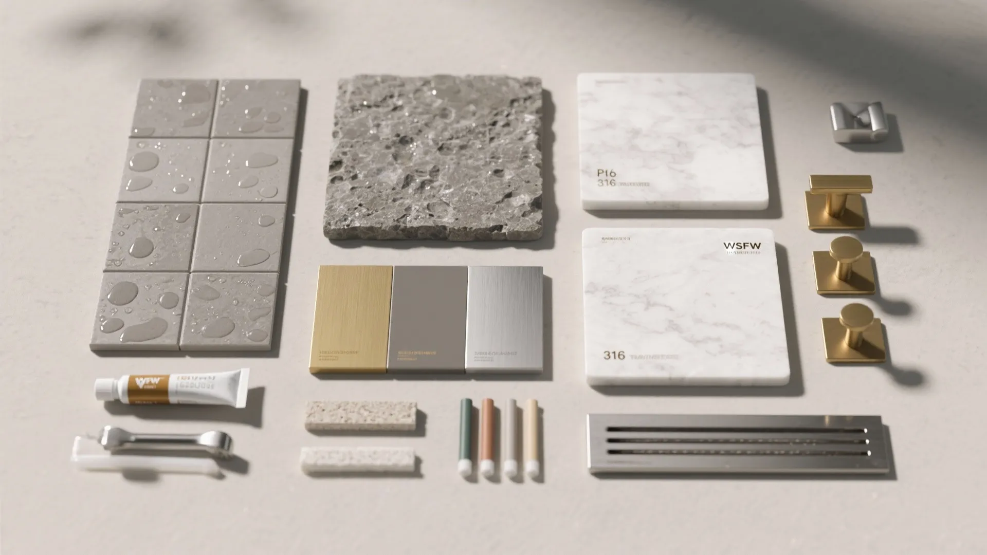 Various interior design material samples including marble tiles stone grey colors and gold door handles