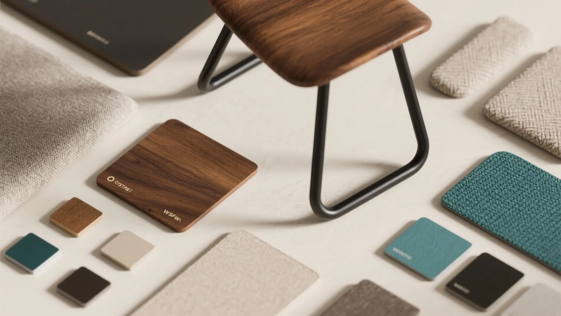 Interior design drawing showing wood samples and fabric swatches arranged around a small wooden footrest