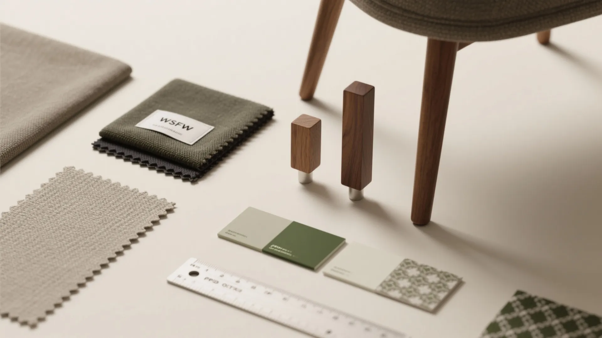 Interior design material flat lay with fabric swatches, wood samples, color cards, and white ruler