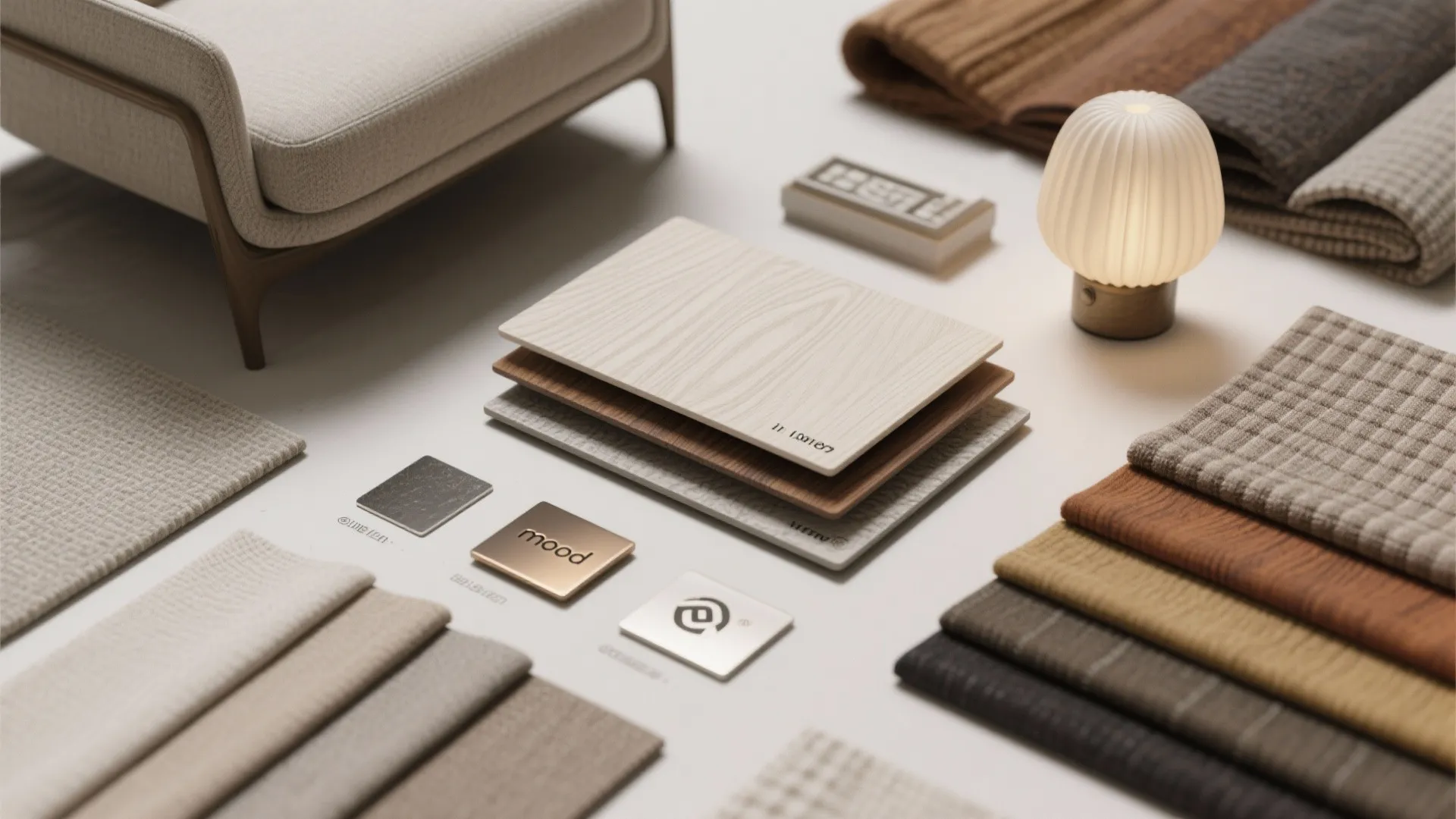 Interior design material board with fabric swatches wooden panels metal samples and small table light fixture