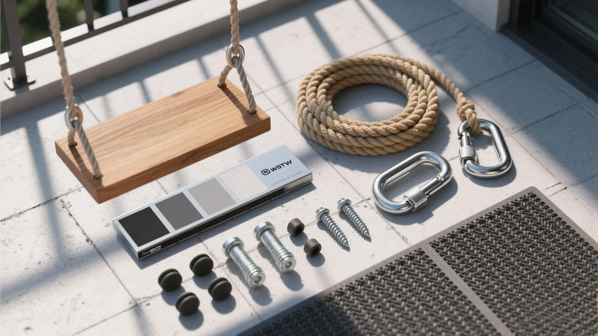 Installation kit for balcony swing including wooden seat rope metal hooks screws and color sample board