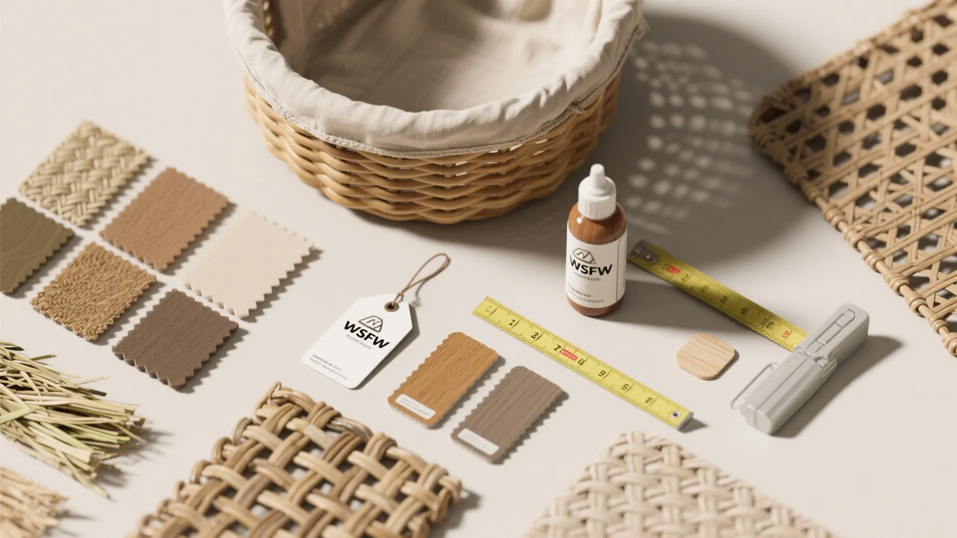Material samples with wood floor pieces and woven textures for home interior design project planning