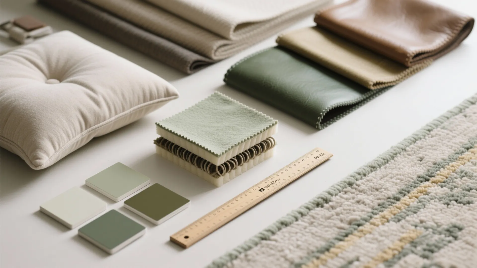 Interior design material flat lay with fabric samples leather swatches color tiles and wooden ruler