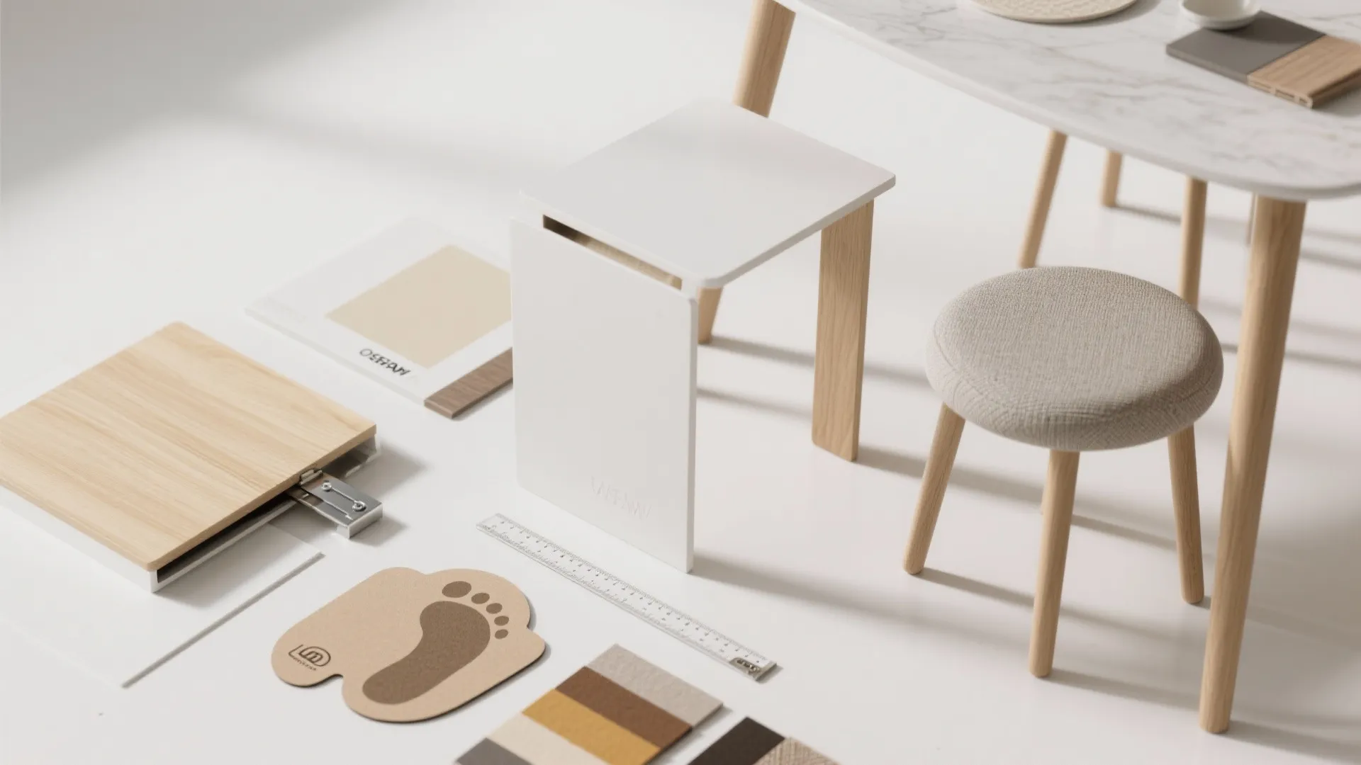 Interior design materials including wood samples and furniture parts arranged neatly on a white background